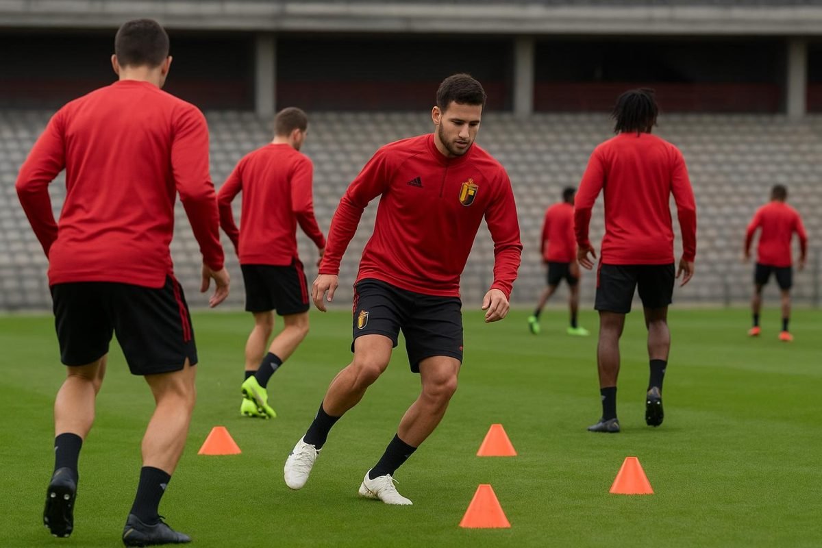 Sfeerbeeld van een training van de Rode Duivels op het oefenveld, zonder herkenbare gezichten.