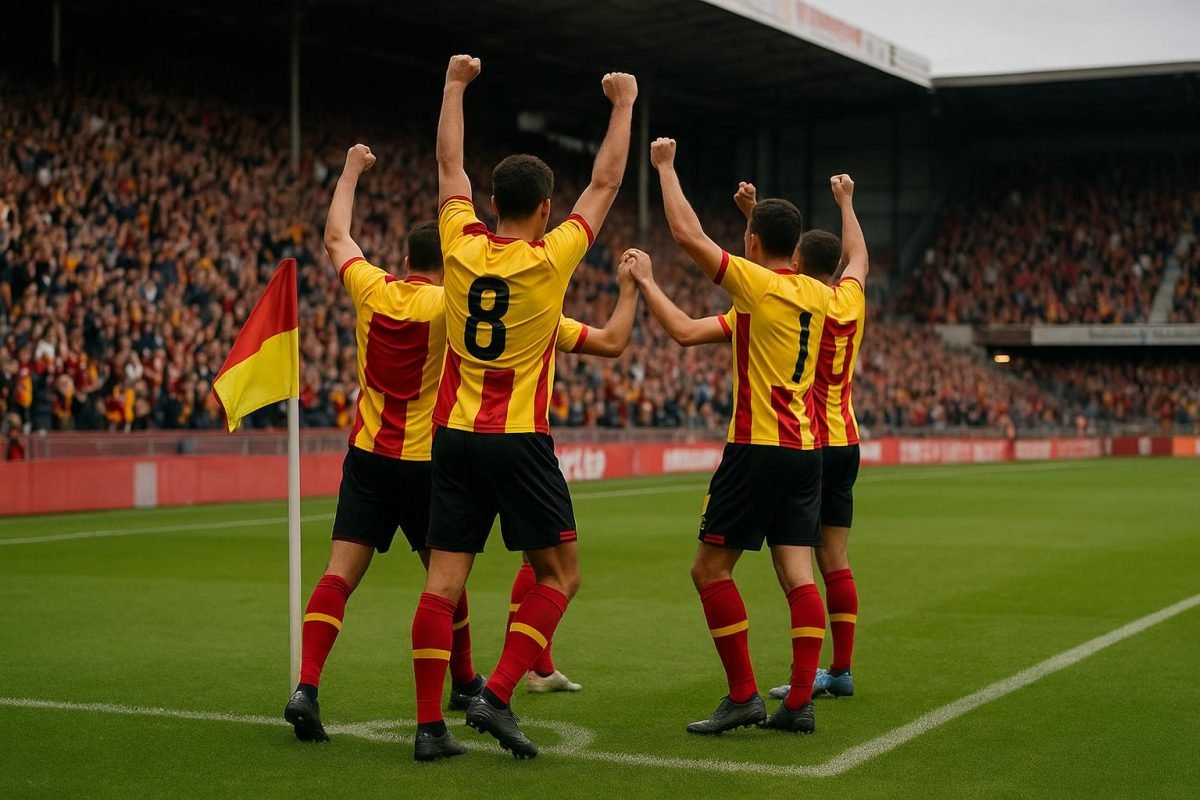 Spelers van KV Mechelen vieren een laat doelpunt in het stadion