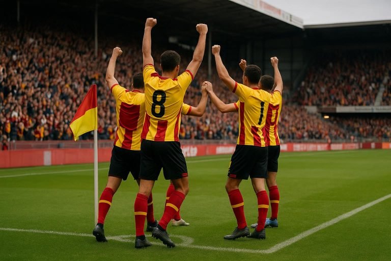 Spelers van KV Mechelen vieren een laat doelpunt in het stadion