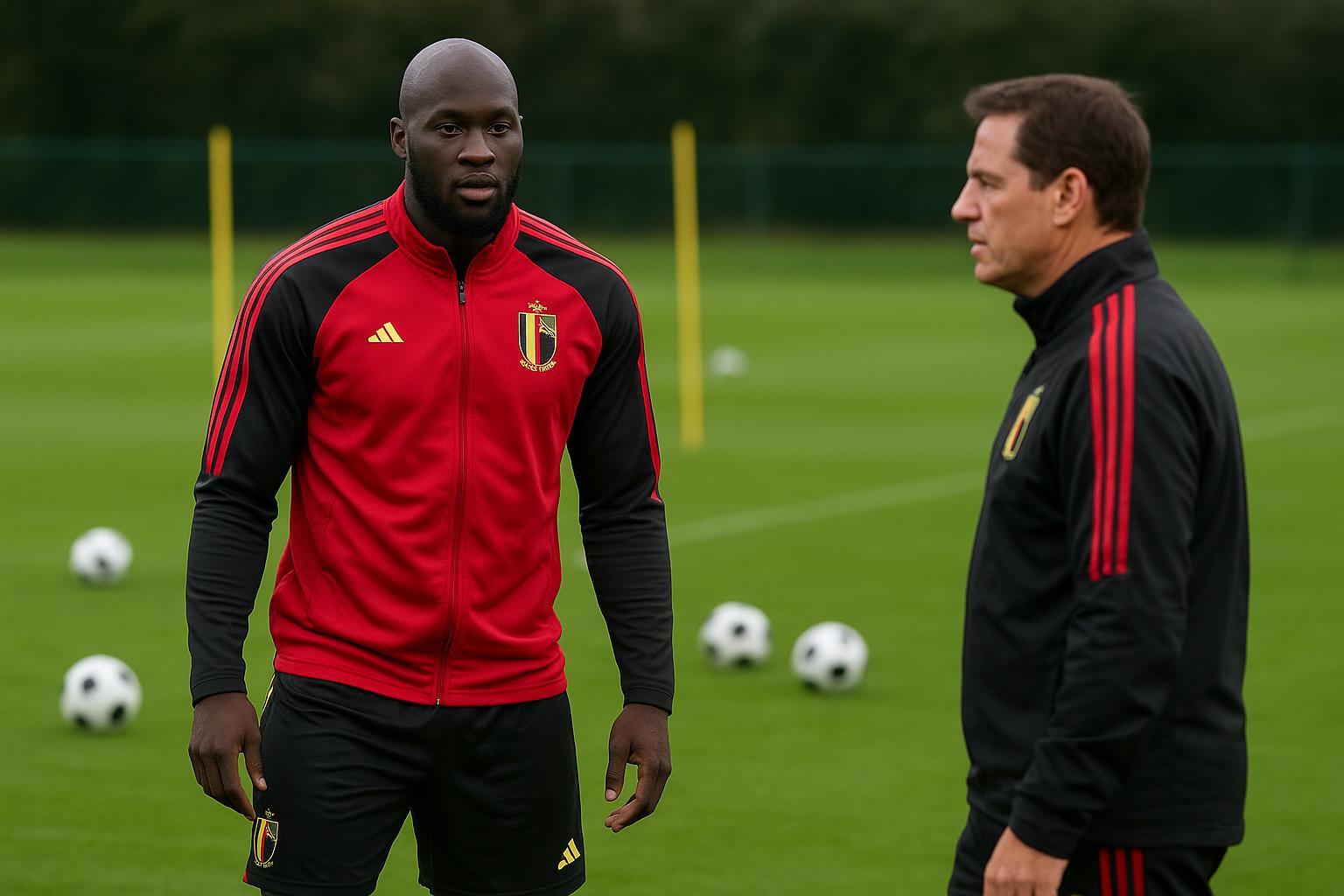 Rudi Garcia en Romelu Lukaku bij de Rode Duivels tijdens een trainingsmoment