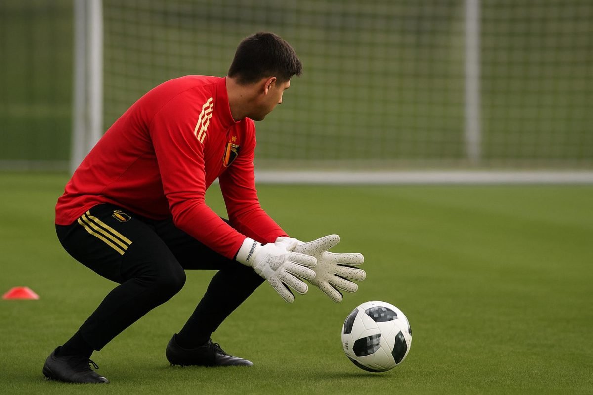 Trainingsbeeld van de Rode Duivels met focus op een doelman en bal, zonder herkenbare gezichten