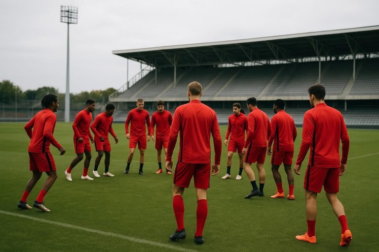 Spelers van de Rode Duivels op training, gezien vanop afstand