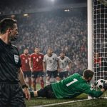 Doelman stopt een penalty terwijl spelers buiten de zestien wachten