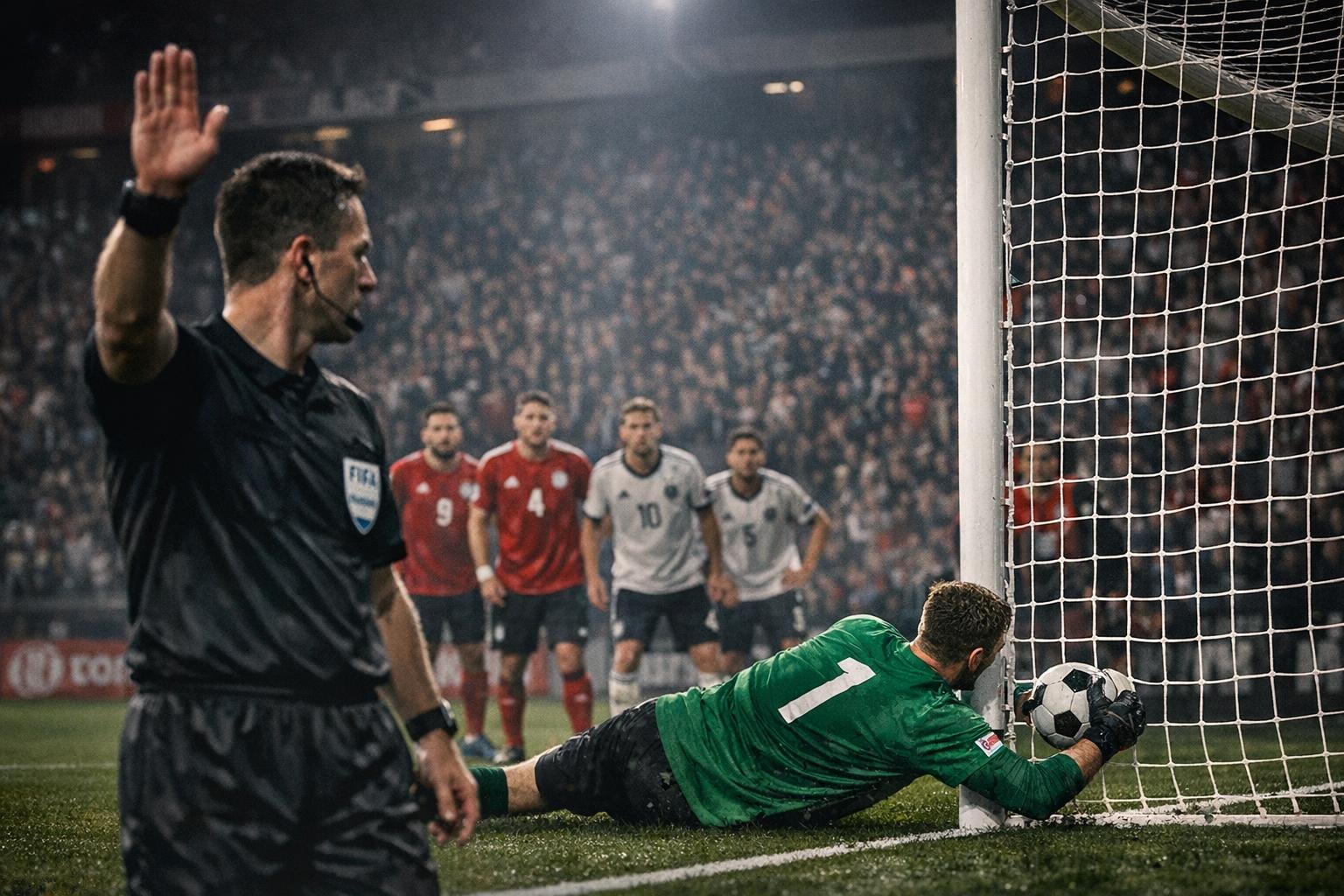 Doelman stopt een penalty terwijl spelers buiten de zestien wachten