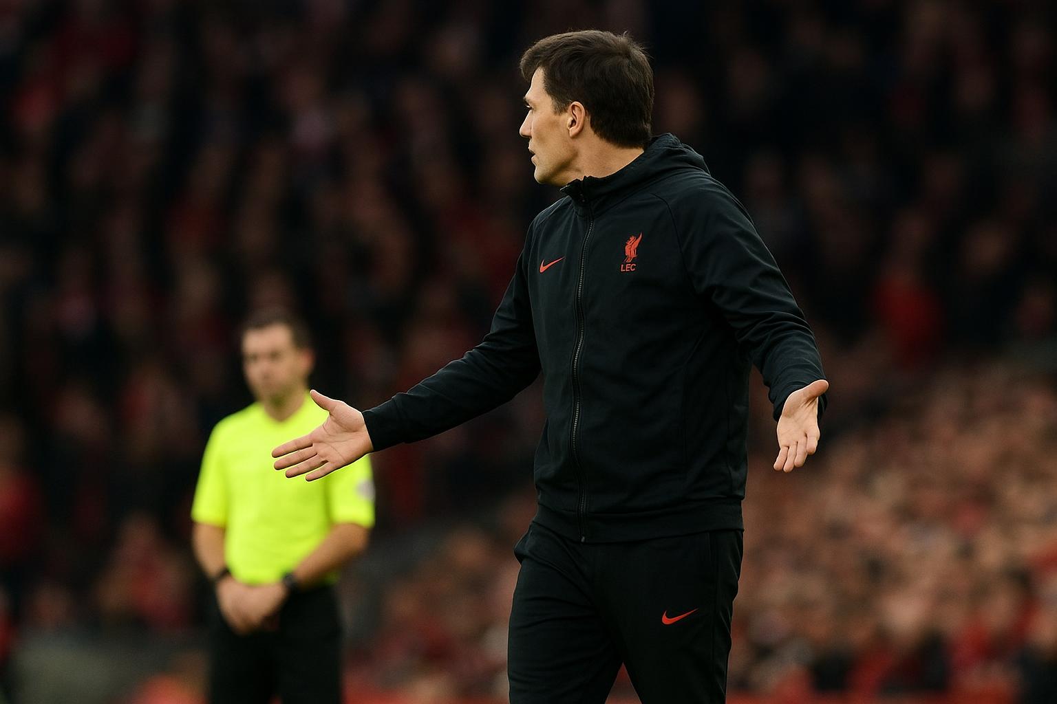 Arne Slot langs de zijlijn tijdens een wedstrijd van Liverpool