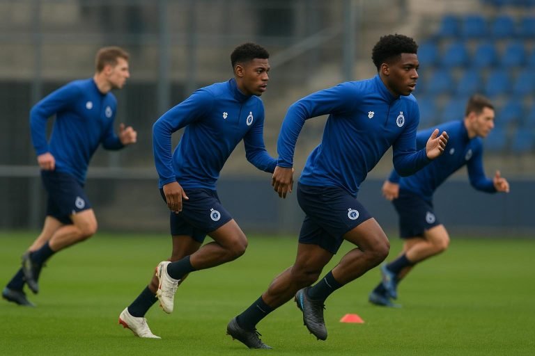 Spelers van Club Brugge tijdens een intense trainingssessie op het oefenveld
