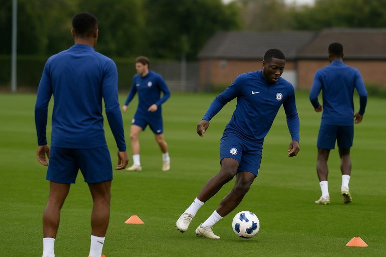 Trainingssessie op een Engels veld bij een semi-profclub, in de context van Mudryk die opnieuw meetraint