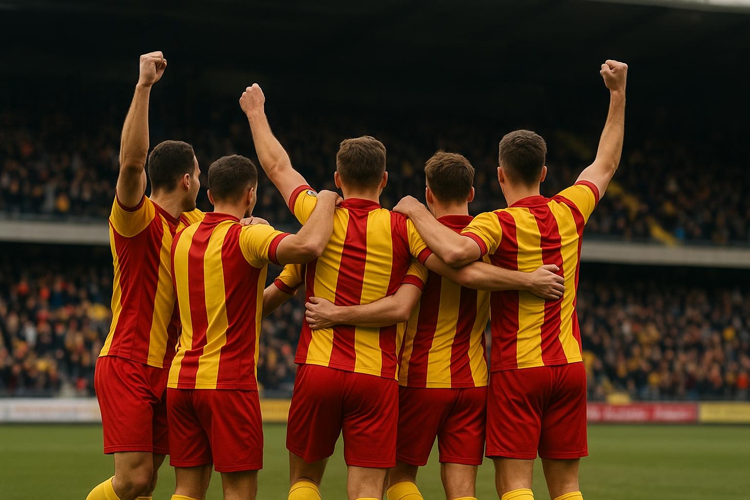 Spelers van KV Mechelen vieren samen na een wedstrijd in de Jupiler Pro League