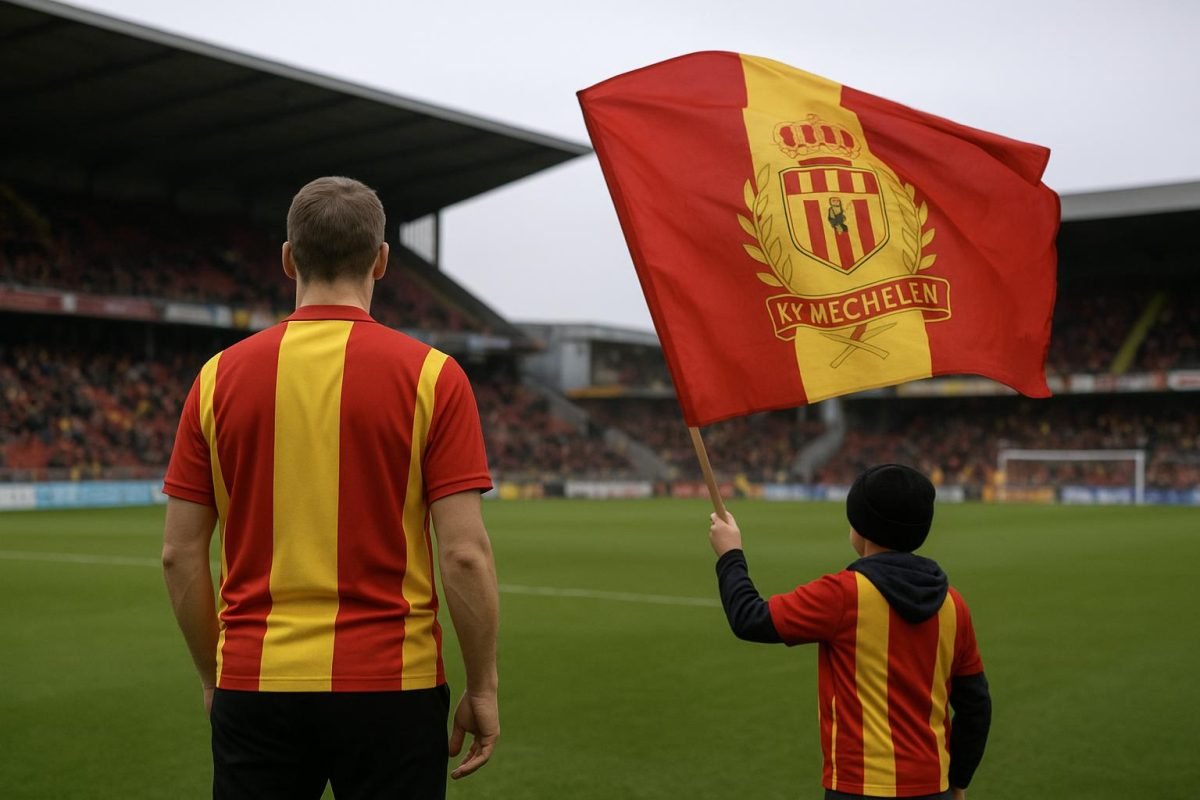 Spelers van KV Mechelen vieren een moment in het stadion, gezien vanop afstand.