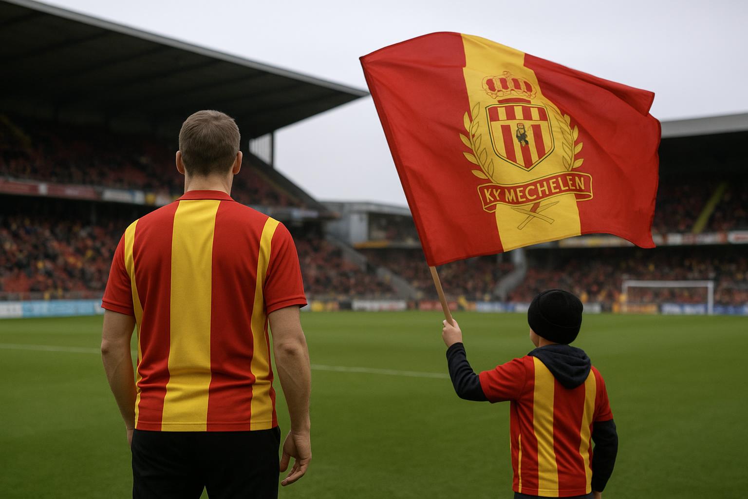 Spelers van KV Mechelen vieren een moment in het stadion, gezien vanop afstand.