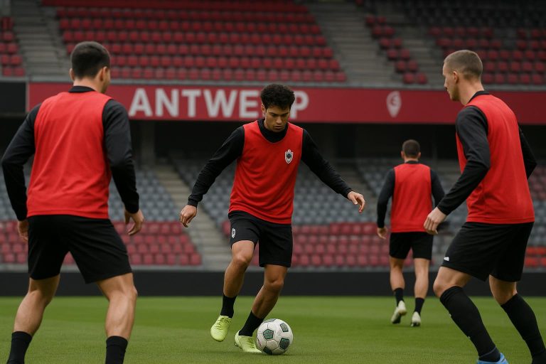 Sfeerbeeld aan de Bosuil bij Royal Antwerp FC in aanloop naar de Europe Play-Off.
