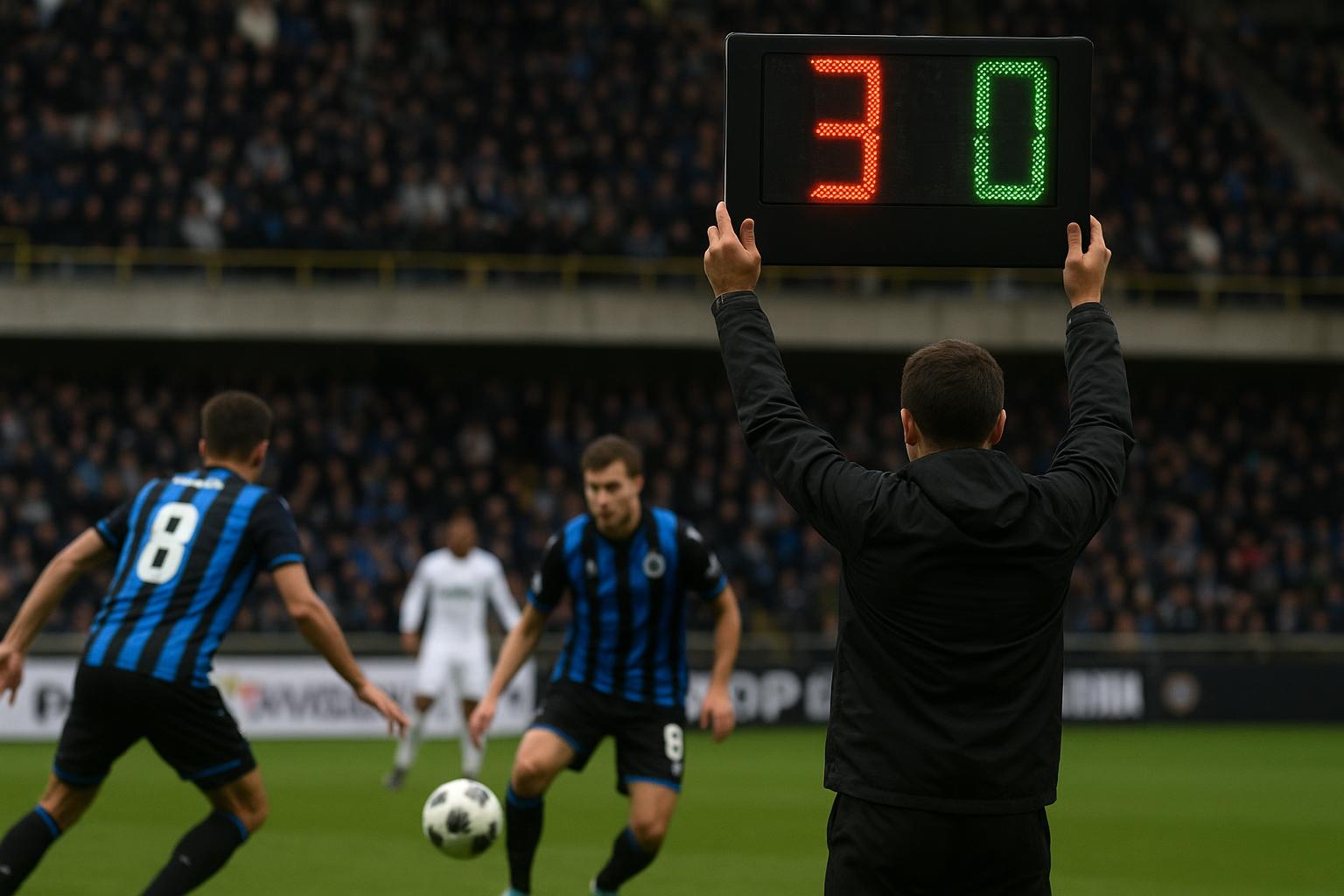 Sfeerbeeld uit het stadion tijdens Sporting Charleroi tegen Club Brugge, met focus op de scheidsrechterlijke wedstrijdleiding.