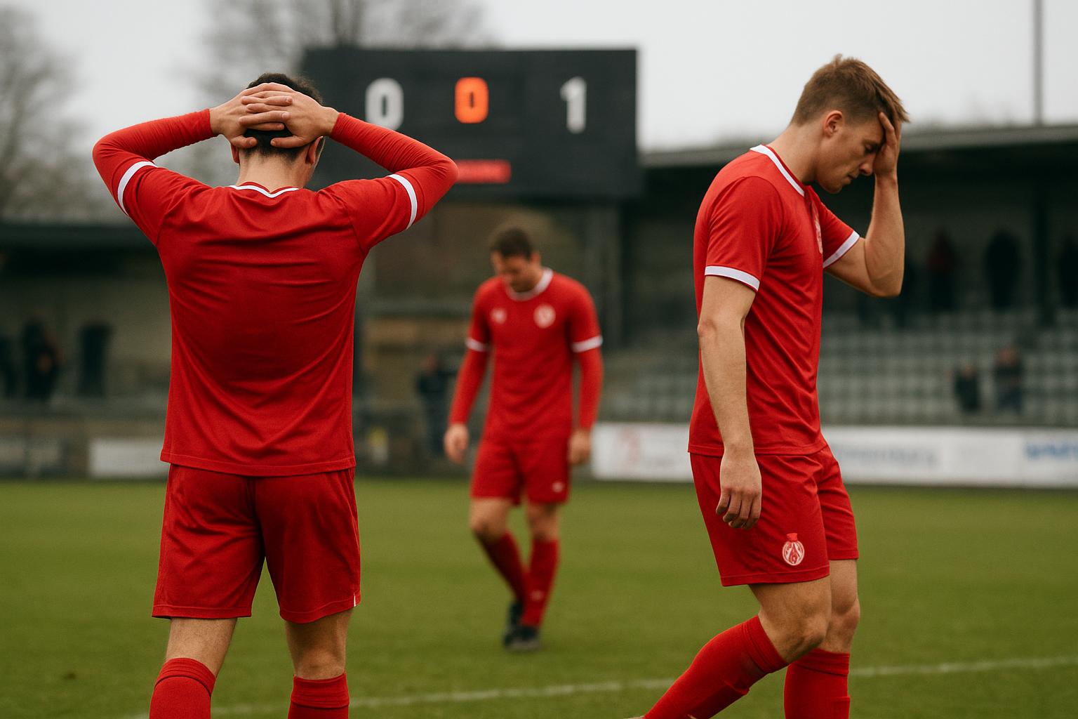 Teleurgestelde spelers van KV Kortrijk op het veld na een nederlaag in de Challenger Pro League