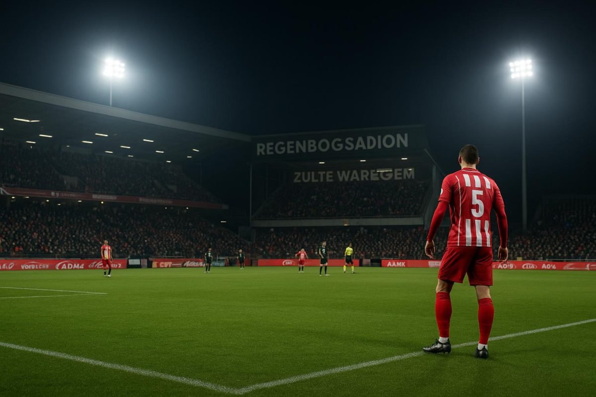 Sfeershot van het Regenboogstadion van Zulte Waregem tijdens degradatiestrijd