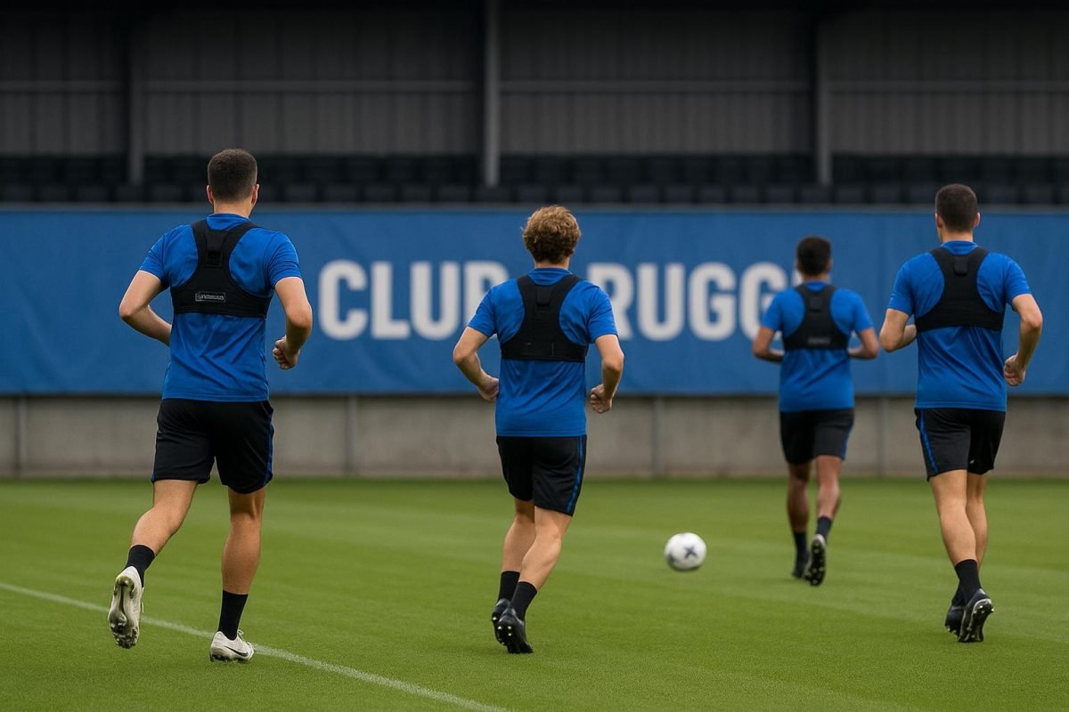 Spelers van Club Brugge tijdens een trainingsmoment met fysieke monitoring