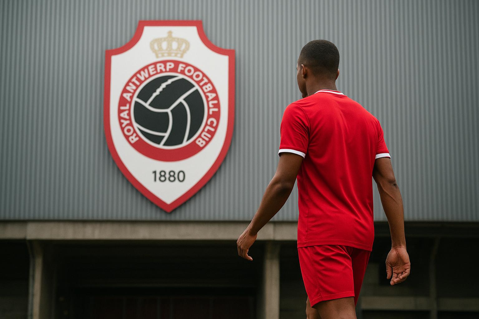 Marc Overmars van Royal Antwerp FC aan het stadion van de Bosuil