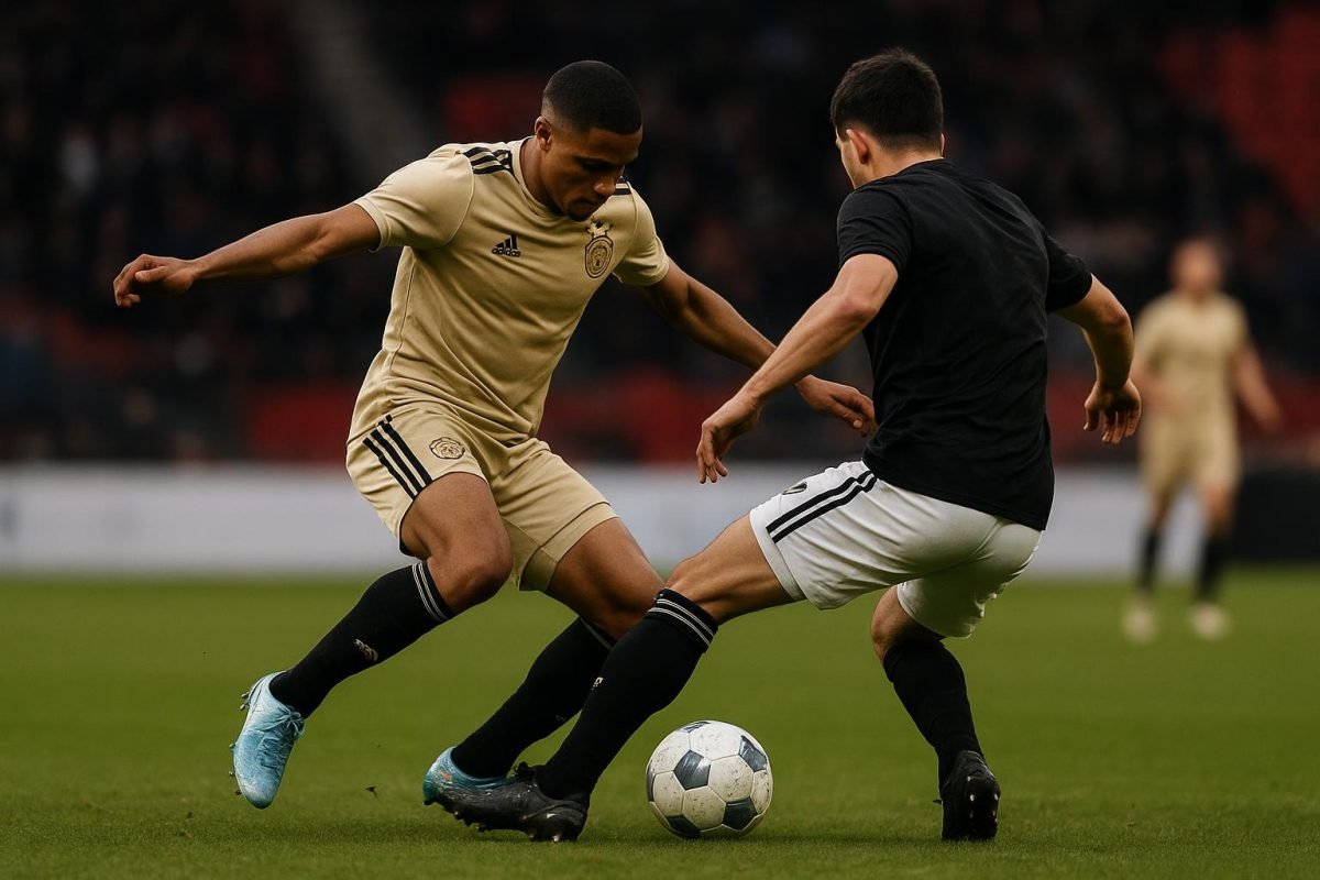 Jorthy Mokio van Ajax in actie tijdens een duel op het middenveld