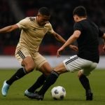 Jorthy Mokio van Ajax in actie tijdens een duel op het middenveld