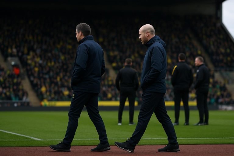 Philippe Clement, coach van Norwich City, langs de zijlijn in een Engels stadion