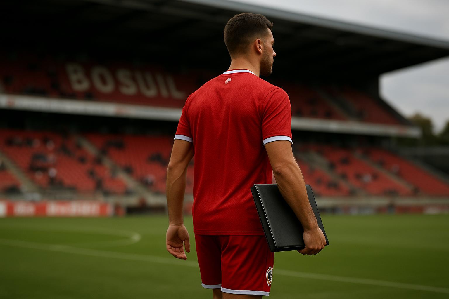 Een speler van Royal Antwerp FC op het veld in het Bosuilstadion, gezien vanop afstand zonder herkenbare gezichten.