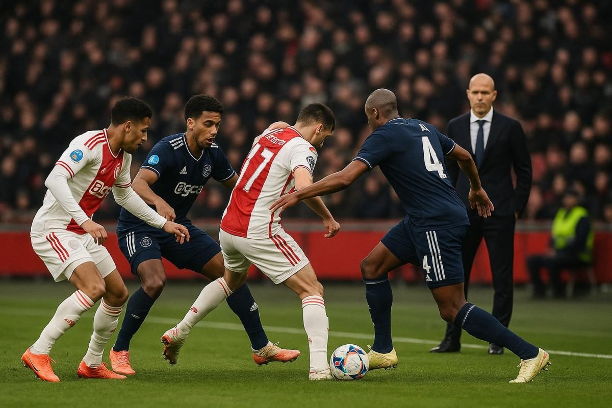 Wedstrijdbeeld van Ajax tegen Feyenoord met spelers in duel, gezien vanop de zijlijn