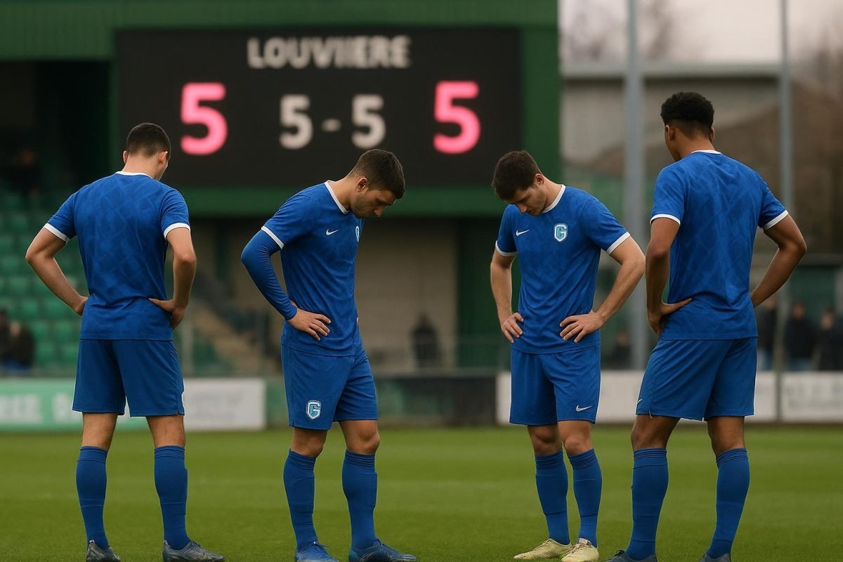 Teleurgestelde spelers van KRC Genk na het spectaculaire gelijkspel op La Louvière