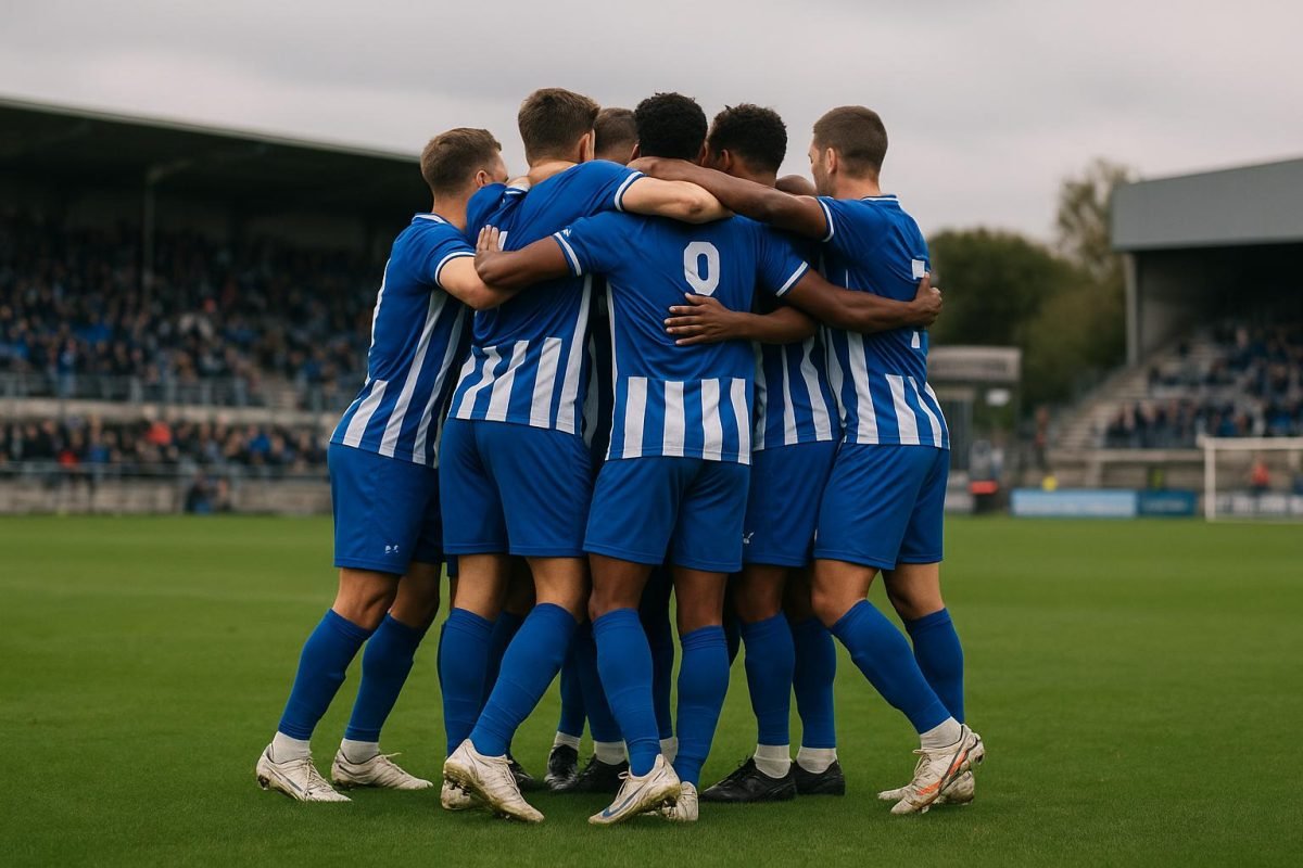 Spelers van KAA Gent vieren op het veld na de zege bij Dender in Denderleeuw.