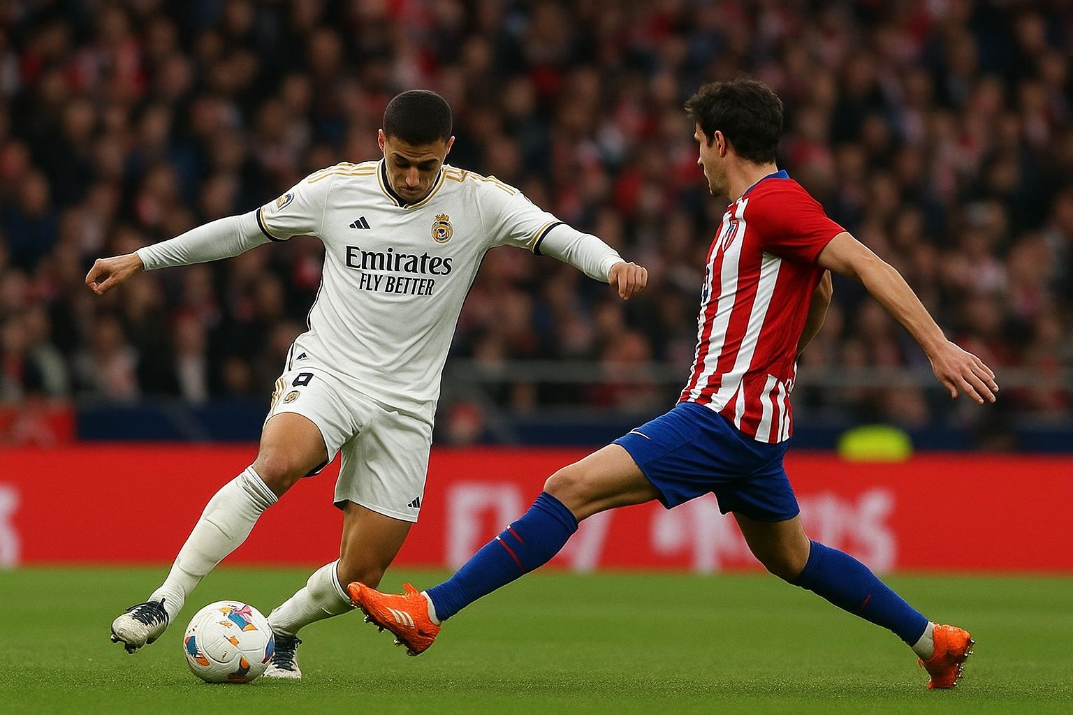 Vinicius Junior viert na een doelpunt in de Madrileense derby tussen Real Madrid en Atlético Madrid.