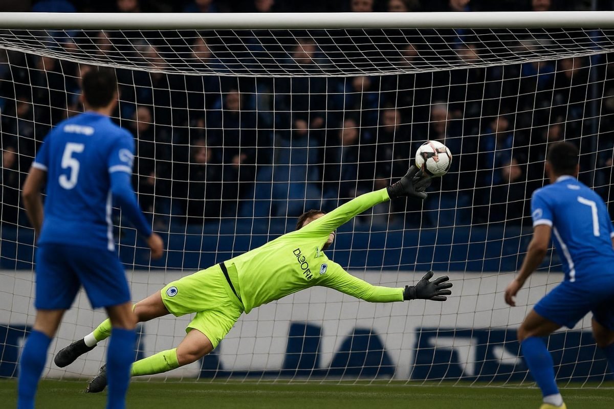 Doelman van KRC Genk laat een bal los in de zestien tijdens een wedstrijd in de Jupiler Pro League.