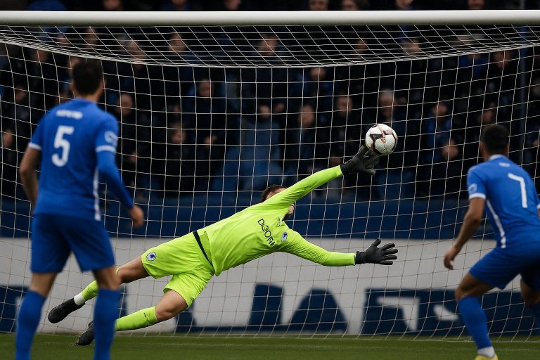 Doelman van KRC Genk laat een bal los in de zestien tijdens een wedstrijd in de Jupiler Pro League.