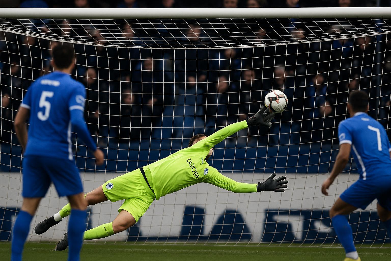 Doelman van KRC Genk laat een bal los in de zestien tijdens een wedstrijd in de Jupiler Pro League.