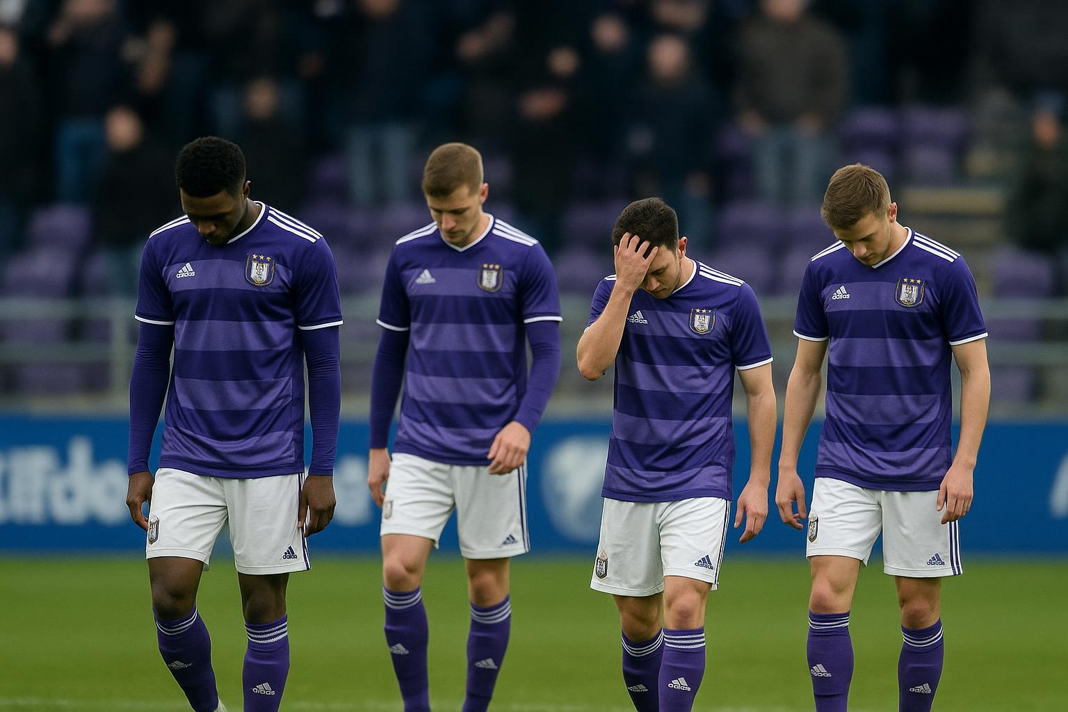 Teleurgestelde spelers van RSC Anderlecht na de 2-3-nederlaag tegen Cercle Brugge in het Lotto Park