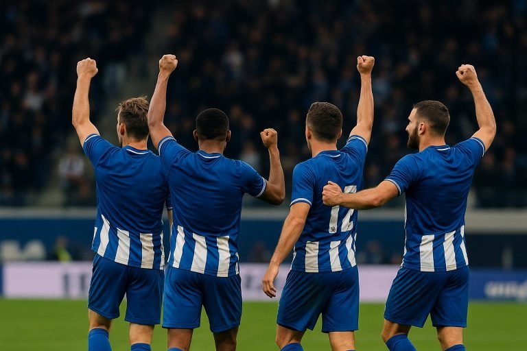 Spelers van KAA Gent vieren samen op het veld na de kwalificatie voor de Champions’ Play-Offs.