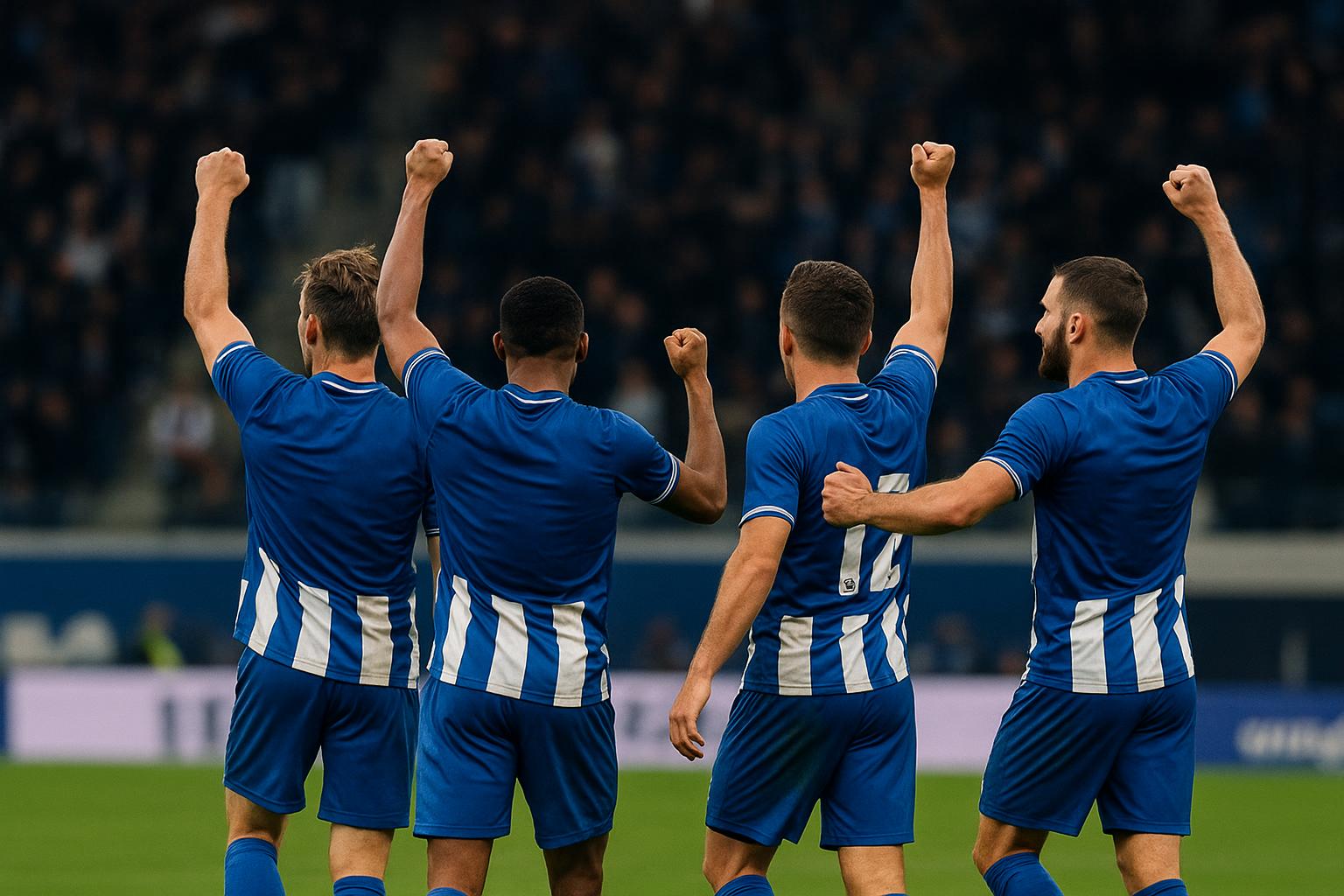 Spelers van KAA Gent vieren samen op het veld na de kwalificatie voor de Champions’ Play-Offs.