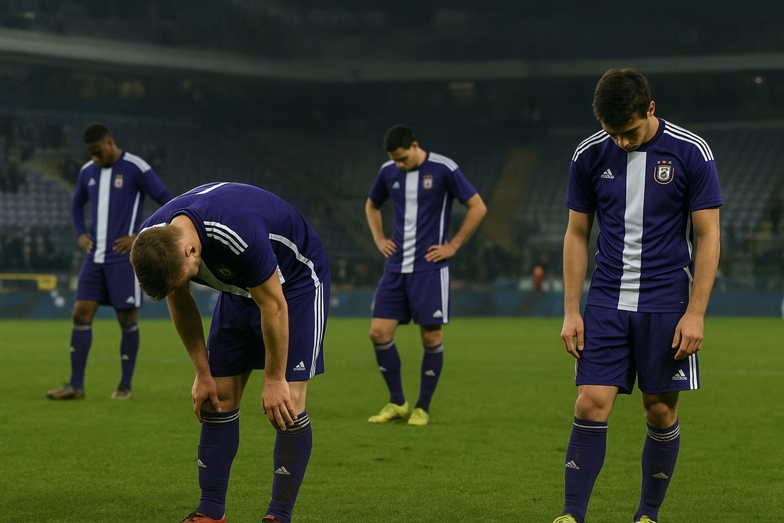 Teleurgestelde spelers van RSC Anderlecht in het Lotto Park na de nederlaag tegen Cercle Brugge
