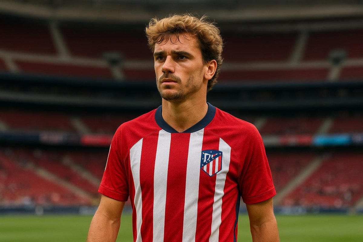 Antoine Griezmann in een wedstrijdshirt van Atlético Madrid tijdens een moment op het veld