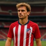 Antoine Griezmann in een wedstrijdshirt van Atlético Madrid tijdens een moment op het veld