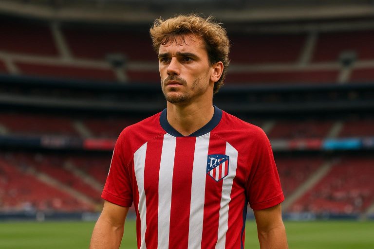 Antoine Griezmann in een wedstrijdshirt van Atlético Madrid tijdens een moment op het veld