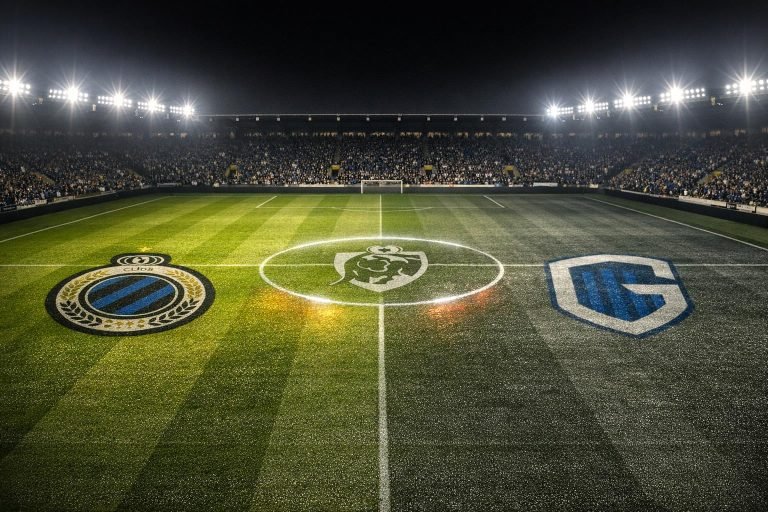 Speeldag 30 JPL analysebeeld met Club Brugge als winnaar en KRC Genk als verliezer, in een strak datavisueel stadionkader.