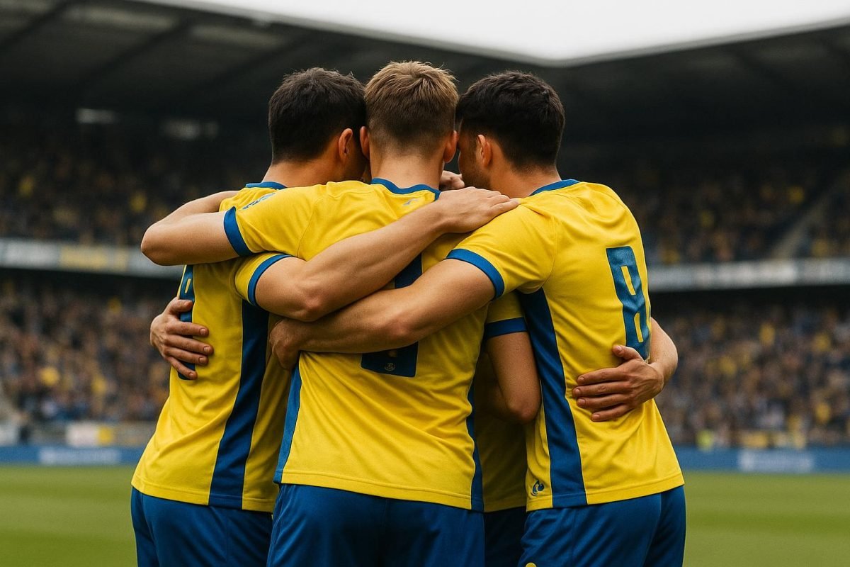 Spelers van Union SG vieren samen na de zege op STVV