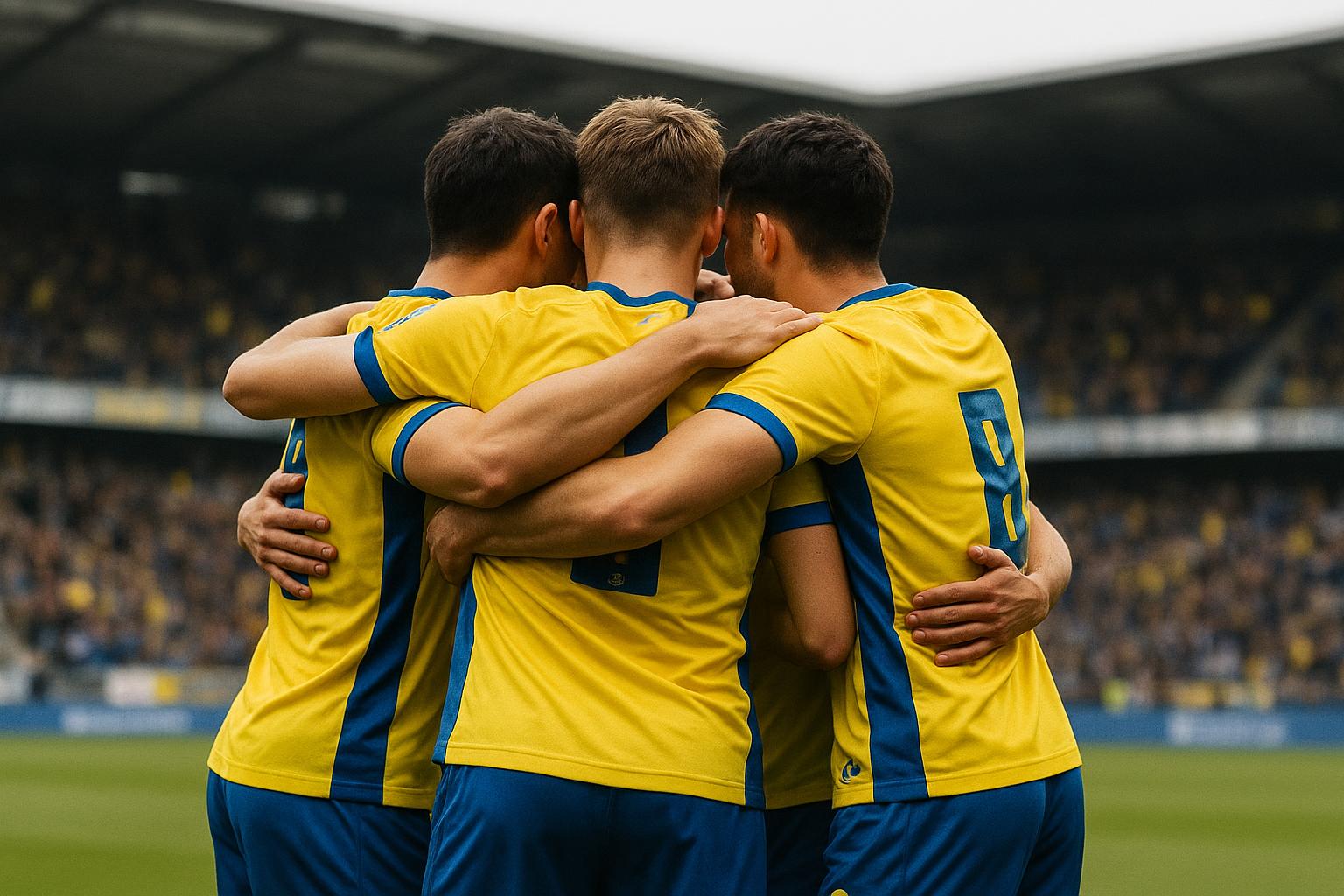 Spelers van Union SG vieren samen na de zege op STVV
