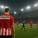 Stadionbeeld rond PSV in Eindhoven met spelers op de achtergrond zonder herkenbare gezichten