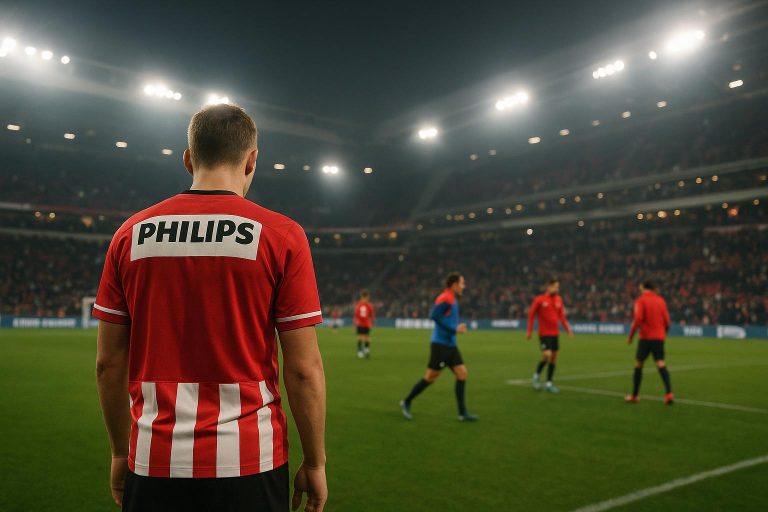 Stadionbeeld rond PSV in Eindhoven met spelers op de achtergrond zonder herkenbare gezichten