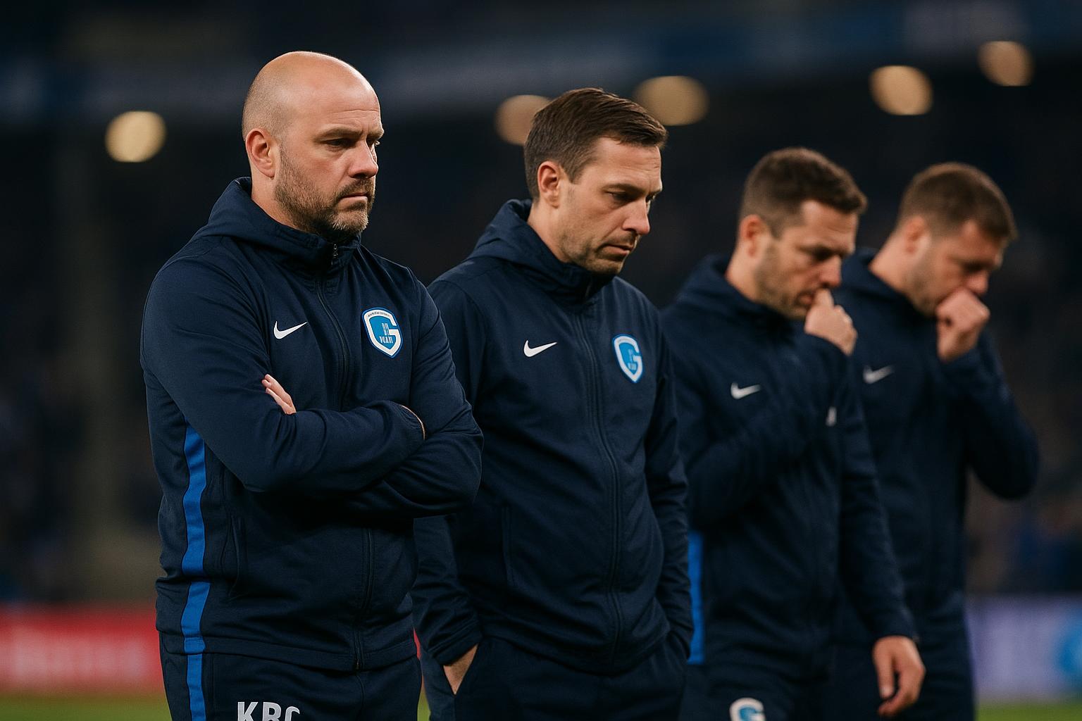 Coach Nicky Hayen van KRC Genk langs de zijlijn na een teleurstellend moment