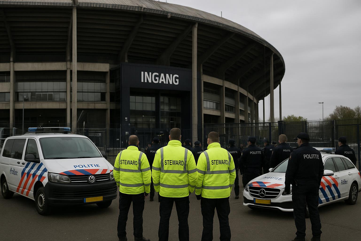 Politie en stewards aan de buitenzijde van De Kuip tijdens Feyenoord-Ajax in Rotterdam.