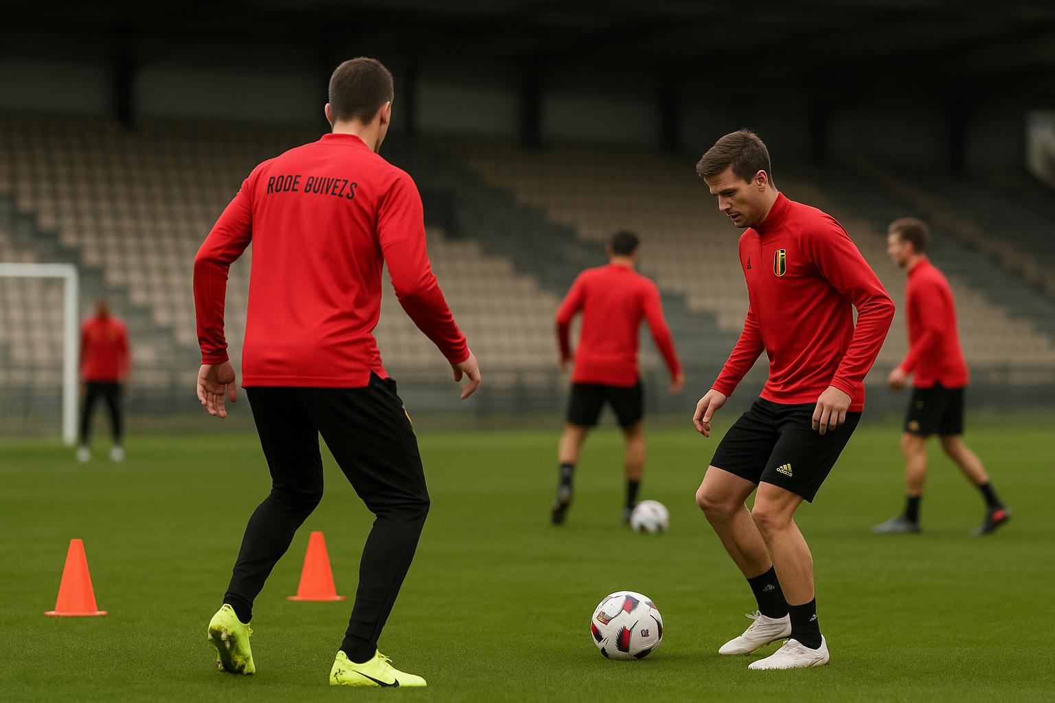 Spelers van de Rode Duivels tijdens een training in Tubeke, in aanloop naar de oefeninterlands