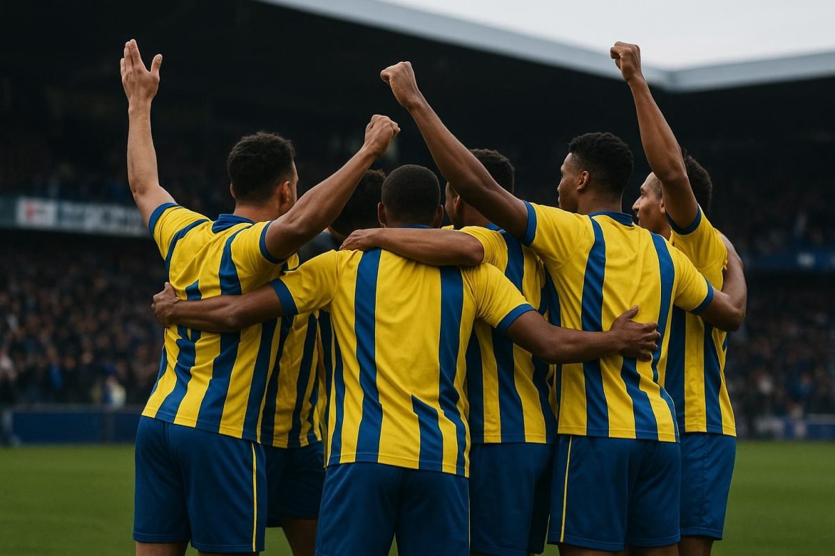 Spelers van Union Saint-Gilloise vieren samen na een wedstrijd in het stadion