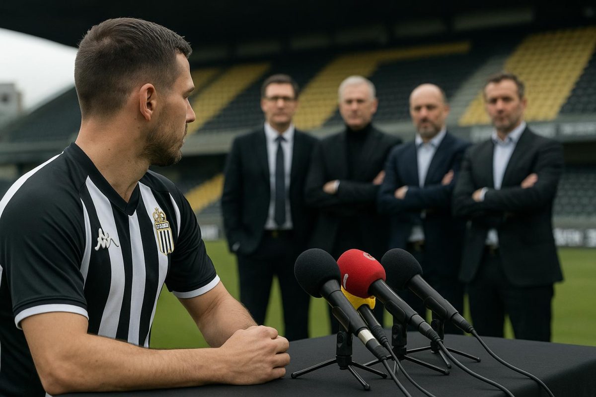 Mehdi Bayat van Sporting Charleroi tijdens een persmoment in een stadionomgeving