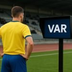 Scheidsrechter die een VAR-beslissing bekijkt in een stadion tijdens een match in de Jupiler Pro League.