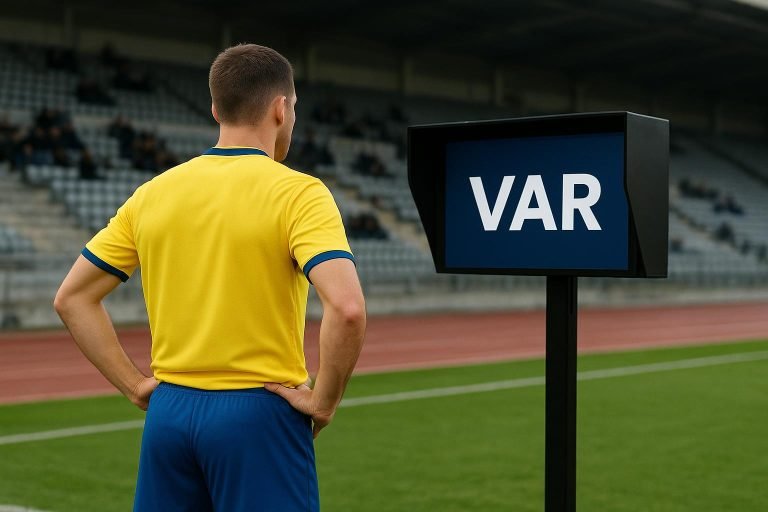 Scheidsrechter die een VAR-beslissing bekijkt in een stadion tijdens een match in de Jupiler Pro League.